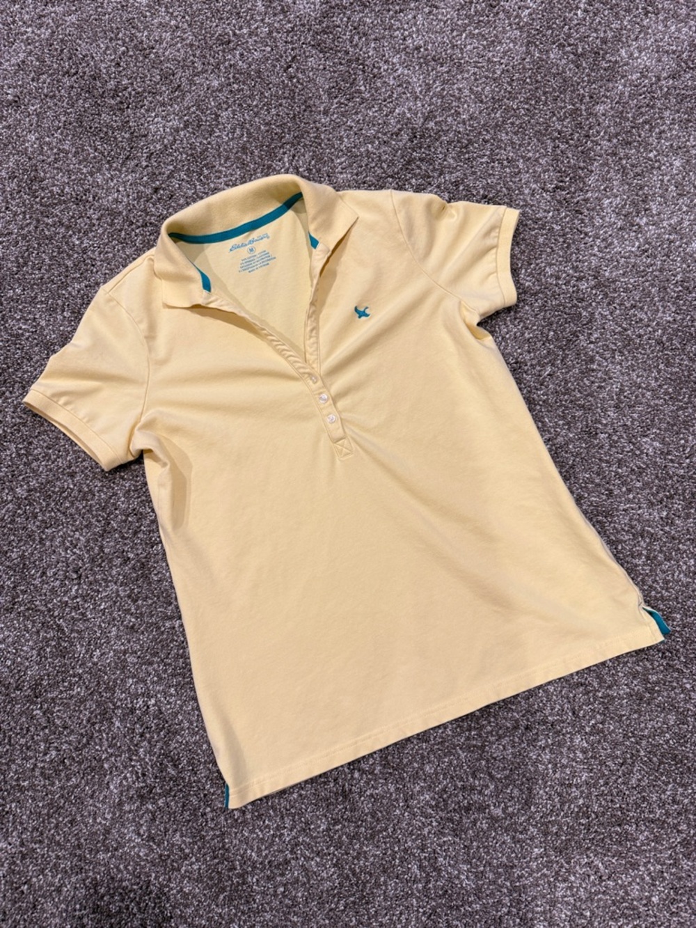 Yellow Eddie Bauer Women’s Short Sleeve Polo Top with Teal Accent